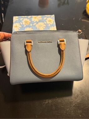 Michael Kors Light Blue Satchel with Tan Handles